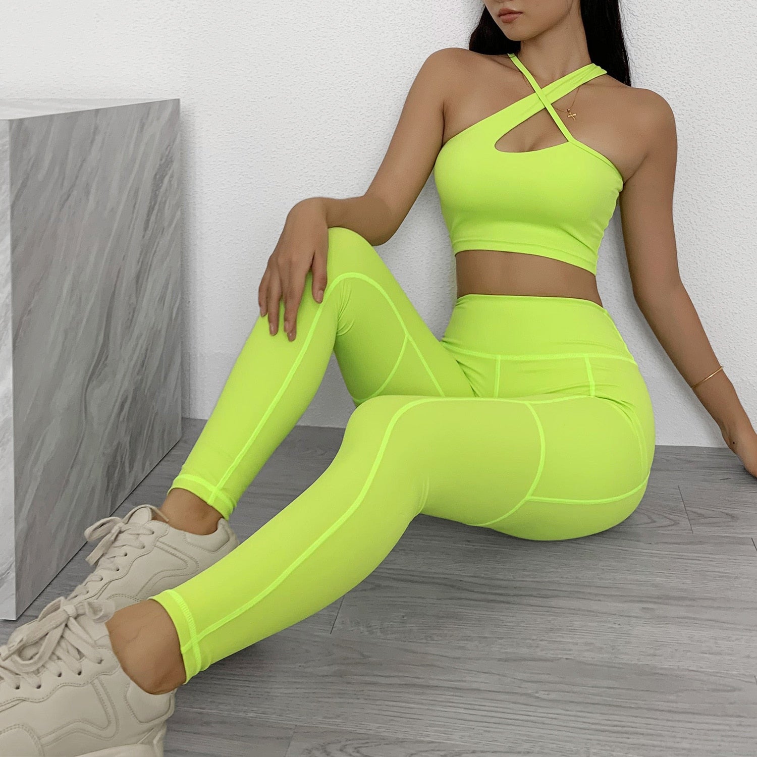 Seamless Yoga Gym Set Women Tracksuit Fitness Clothing Sportswear Padded Push-up Sports One Shoulder Bra Leggings Workout Set | Vimost Shop.