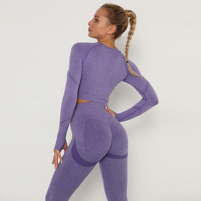 2 Piece Outfits Yoga Activewear Set Long Sleeve Crop Top High Waist Yoga Pants Sports Shirt Workout Leggings Suit Gym Clothing - Vimost Shop