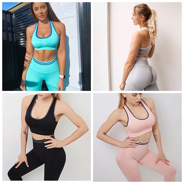 Seamless Striped Yoga Gym Tracksuit Workout Sports Push Up Jogging Two Piece Tank Crop Top Hips Lifting Leggings Outdoor Set | Vimost Shop.
