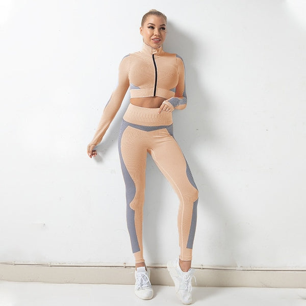 Sportswear Striped Patchwork Yoga Set S - 2XL Gym Fitness Tracksuit Long Sleeve Zipper Coat High Elastics Leggings Outdoor Suit | Vimost Shop.
