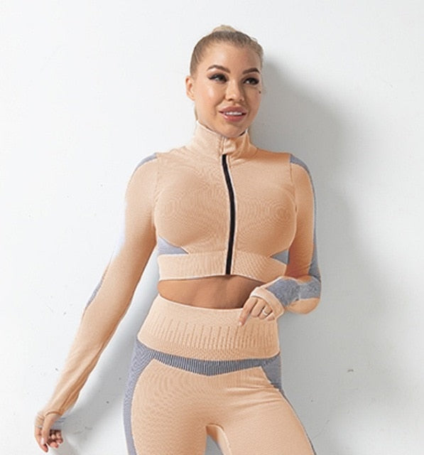 Sportswear Striped Patchwork Yoga Set S - 2XL Gym Fitness Tracksuit Long Sleeve Zipper Coat High Elastics Leggings Outdoor Suit | Vimost Shop.