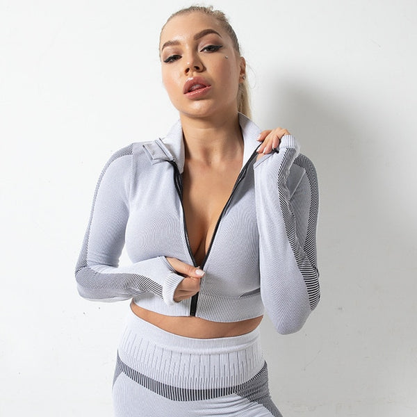 Sportswear Striped Patchwork Yoga Set S - 2XL Gym Fitness Tracksuit Long Sleeve Zipper Coat High Elastics Leggings Outdoor Suit | Vimost Shop.