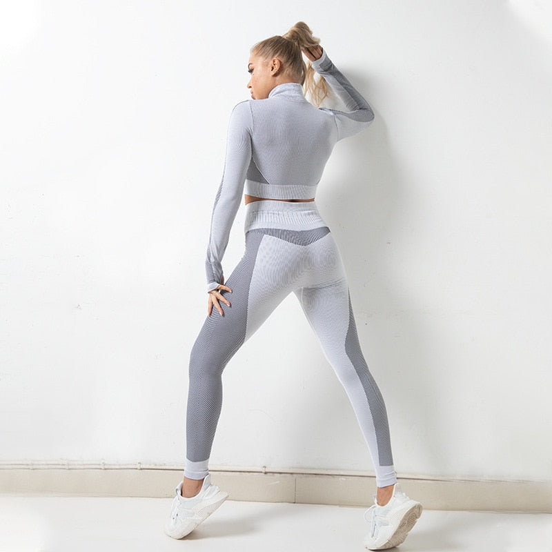 Sportswear Striped Patchwork Yoga Set S - 2XL Gym Fitness Tracksuit Long Sleeve Zipper Coat High Elastics Leggings Outdoor Suit | Vimost Shop.