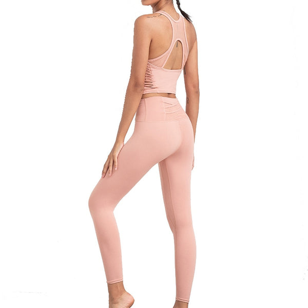 Solid Seamless Gym Yoga Suit Fashion Tank Beauty Back Top Leggings Fitness Push Up Running Sports Dance Training Two Piece Set | Vimost Shop.