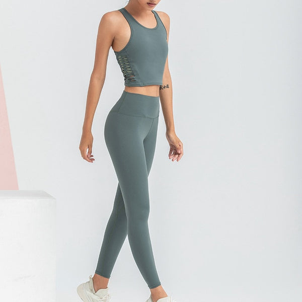 Solid Seamless Gym Yoga Suit Fashion Tank Beauty Back Top Leggings Fitness Push Up Running Sports Dance Training Two Piece Set | Vimost Shop.