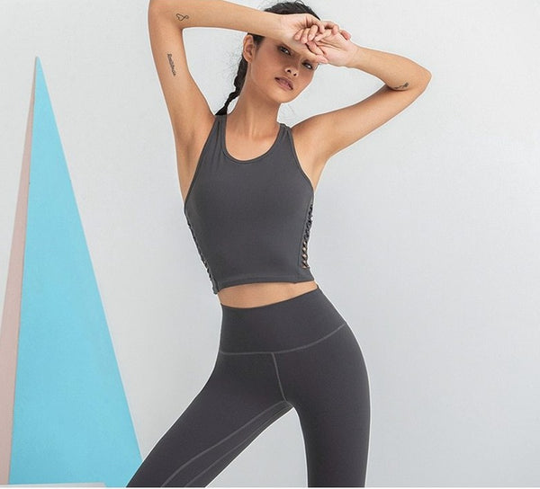 Solid Seamless Gym Yoga Suit Fashion Tank Beauty Back Top Leggings Fitness Push Up Running Sports Dance Training Two Piece Set | Vimost Shop.