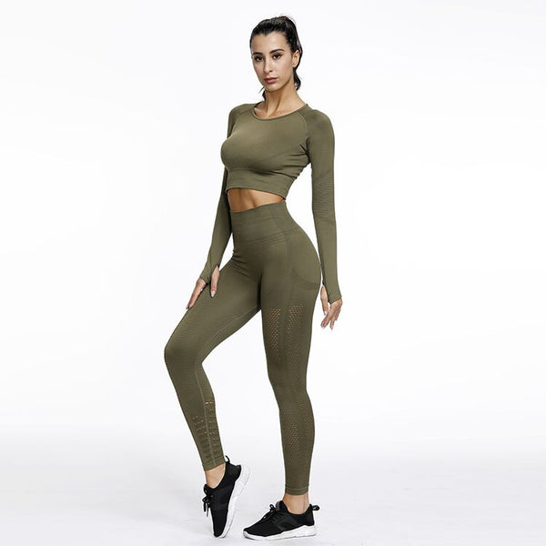 Sportswear Yoga Set Gym Fitness Tracksuit Long Sleeve Crop Top Hollow Out Leggings Running Traning Workout Outdoor 2 Piece Set | Vimost Shop.