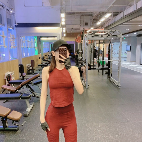 Seamless Sportswear Yoga 2 PCS Set GYM Fitness Sports Tracksuit Ribbed Tank Top Hips Lifting Leggings Two Piece Set | Vimost Shop.