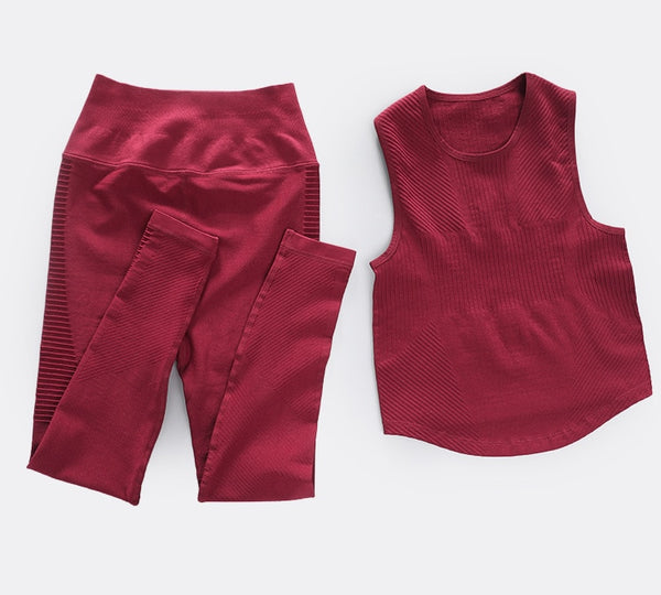 Seamless Sportswear Yoga 2 PCS Set GYM Fitness Sports Tracksuit Ribbed Tank Top Hips Lifting Leggings Two Piece Set | Vimost Shop.