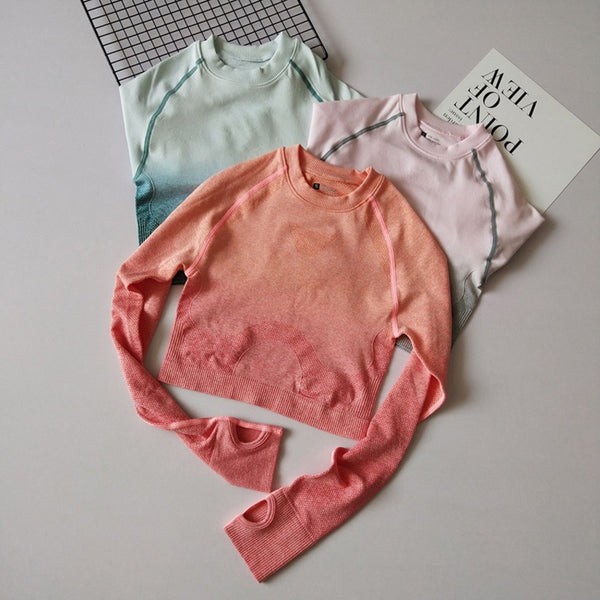 Women Yoga Set Gym Clothing Ombre Seamless Gradient Leggings+Long sleeve Top Workout Sport Suit Women Fitness Set Active Wear | Vimost Shop.