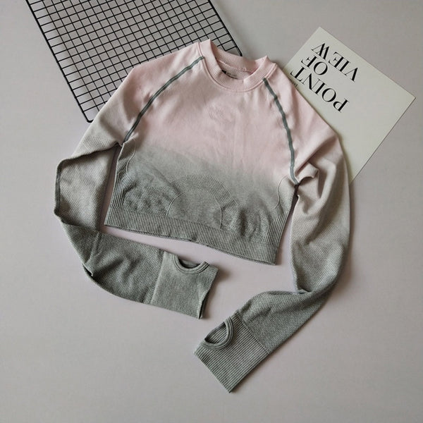 Women Yoga Set Gym Clothing Ombre Seamless Gradient Leggings+Long sleeve Top Workout Sport Suit Women Fitness Set Active Wear | Vimost Shop.