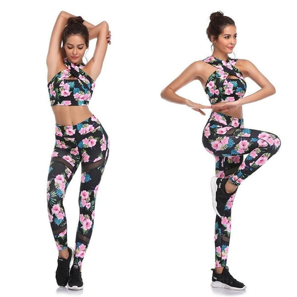 Sportswear Floral Print Yoga Set Women Gym Clothes Twist Sleeveless Crop Top Hips Up Pantalones Suit Outdoor Sports Fitness Suit | Vimost Shop.