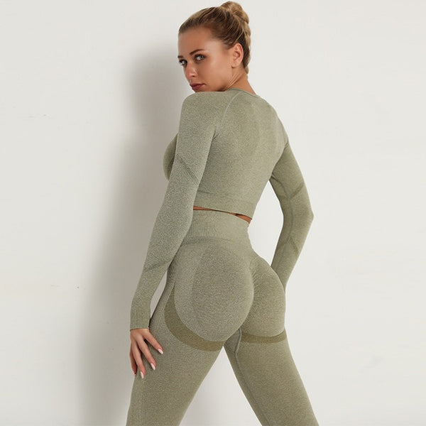 2pcs Yoga Set Women Long Sleeve Shirts Active Tracksuit Sport Suits Workout Clothes Gym Fitness Crop Top + Push Up Leggings | Vimost Shop.