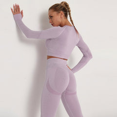 2pcs Yoga Set Women Long Sleeve Shirts Active Tracksuit Sport Suits Workout Clothes Gym Fitness Crop Top + Push Up Leggings