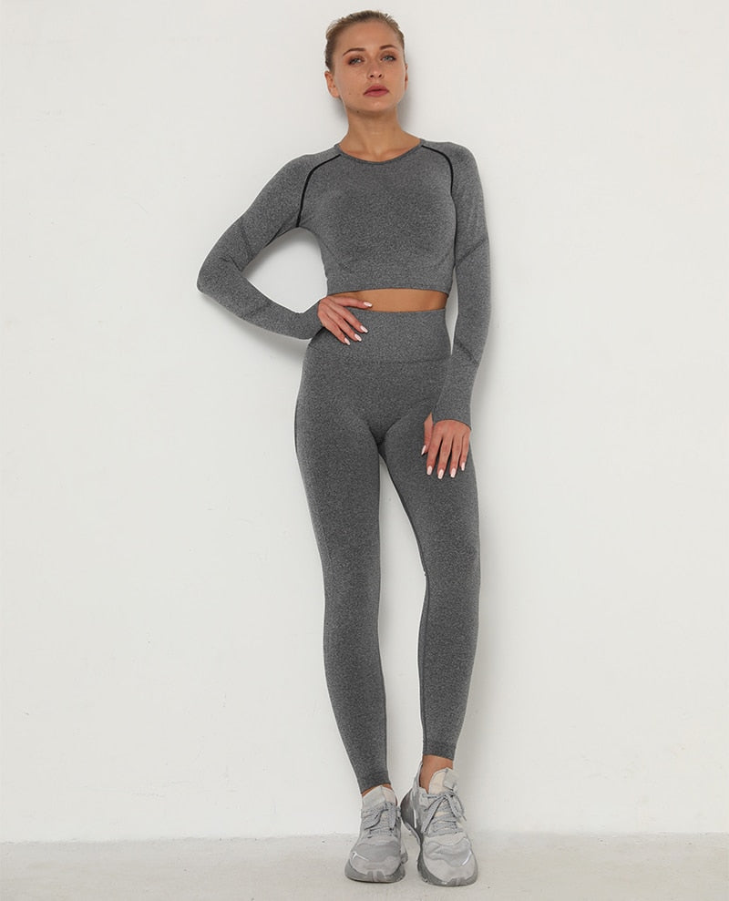 2pcs Yoga Set Women Long Sleeve Shirts Active Tracksuit Sport Suits Workout Clothes Gym Fitness Crop Top + Push Up Leggings | Vimost Shop.