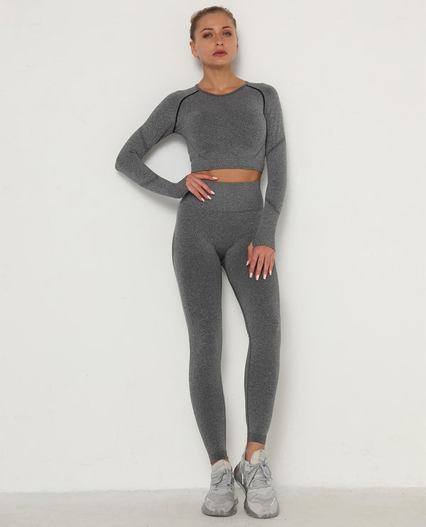 2pcs Yoga Set Women Long Sleeve Shirts Active Tracksuit Sport Suits Workout Clothes Gym Fitness Crop Top + Push Up Leggings | Vimost Shop.