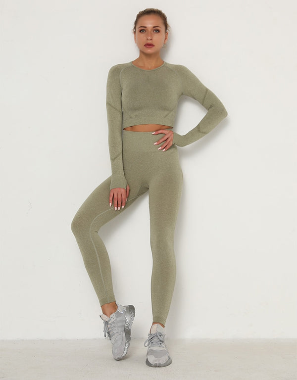 2pcs Yoga Set Women Long Sleeve Shirts Active Tracksuit Sport Suits Workout Clothes Gym Fitness Crop Top + Push Up Leggings | Vimost Shop.
