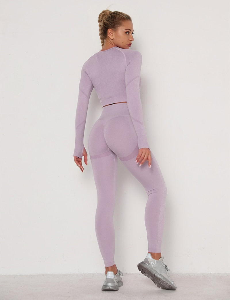 2pcs Yoga Set Women Long Sleeve Shirts Active Tracksuit Sport Suits Workout Clothes Gym Fitness Crop Top + Push Up Leggings | Vimost Shop.