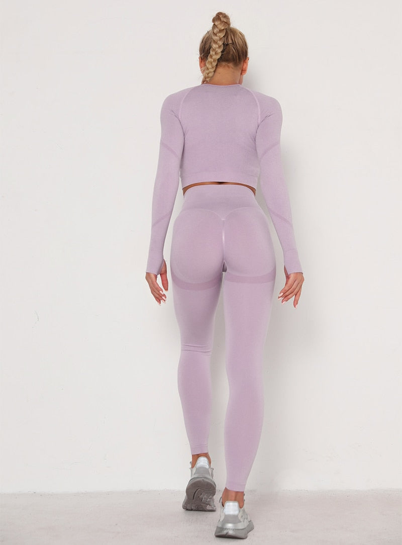 2pcs Yoga Set Women Long Sleeve Shirts Active Tracksuit Sport Suits Workout Clothes Gym Fitness Crop Top + Push Up Leggings | Vimost Shop.