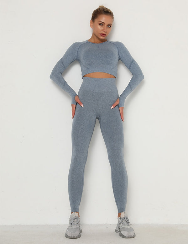 2pcs Yoga Set Women Long Sleeve Shirts Active Tracksuit Sport Suits Workout Clothes Gym Fitness Crop Top + Push Up Leggings | Vimost Shop.