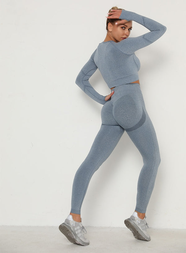 2pcs Yoga Set Women Long Sleeve Shirts Active Tracksuit Sport Suits Workout Clothes Gym Fitness Crop Top + Push Up Leggings | Vimost Shop.