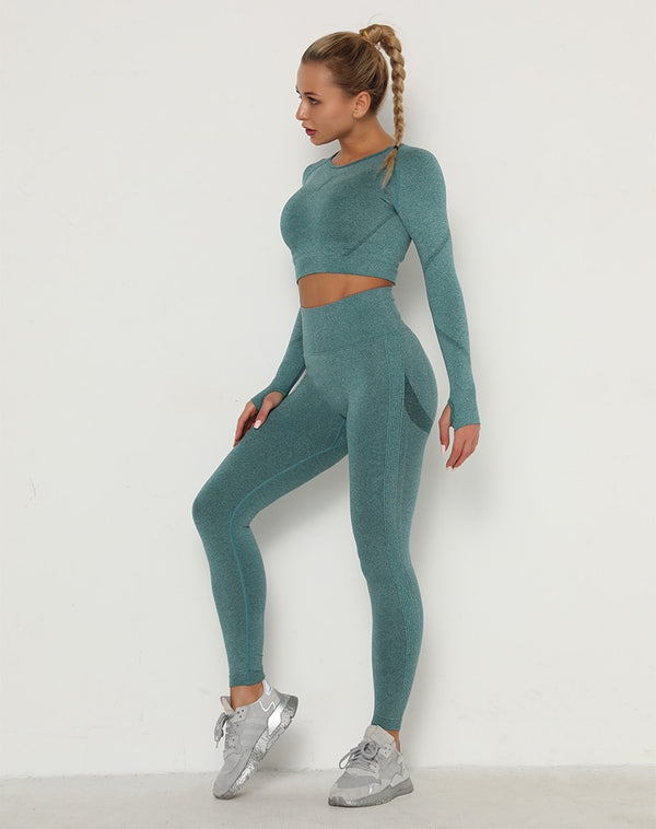 2pcs Yoga Set Women Long Sleeve Shirts Active Tracksuit Sport Suits Workout Clothes Gym Fitness Crop Top + Push Up Leggings | Vimost Shop.