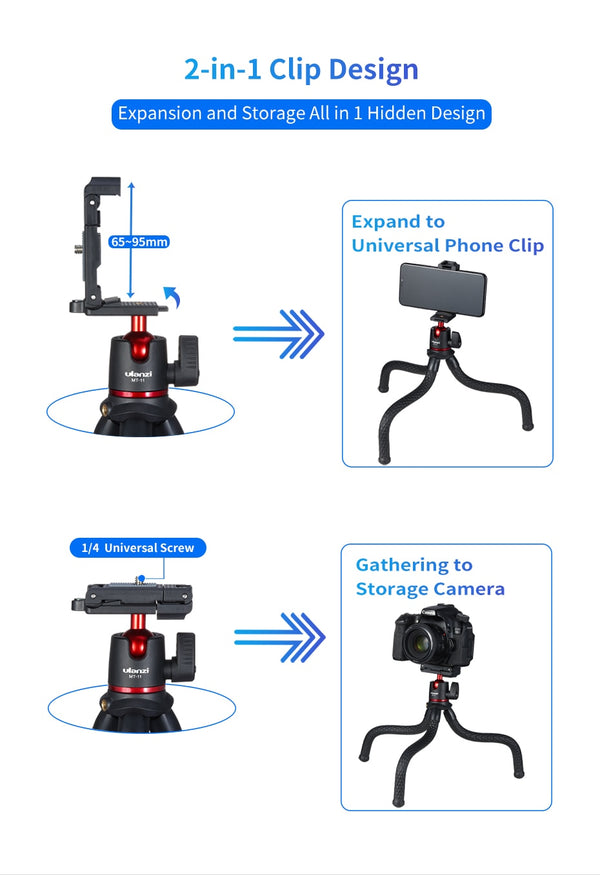 MT-11Flexible Octopus Tripod Smartphone DSLR SLR Vlog Tripod Travel Portable 2 in 1 Tripod Extend 1/4 Screw for Magic Arm | Vimost Shop.