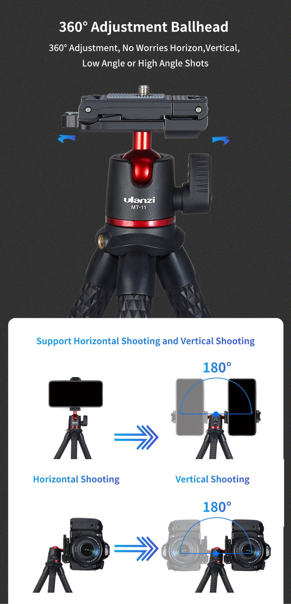MT-11Flexible Octopus Tripod Smartphone DSLR SLR Vlog Tripod Travel Portable 2 in 1 Tripod Extend 1/4 Screw for Magic Arm | Vimost Shop.