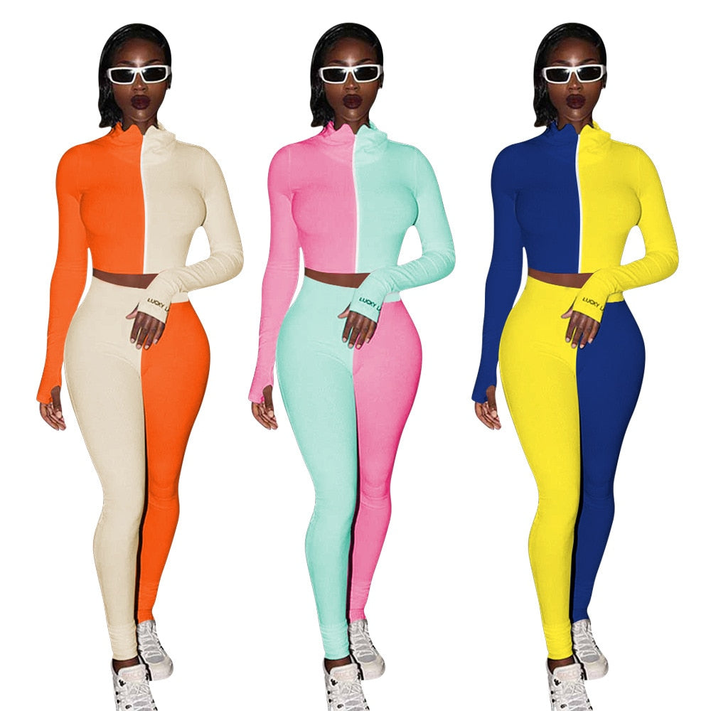 Autumn Ribbing Sports Two Piece Set Color Patchwork Long Sleeve Zipper Crop Top Pants Tracksuit Gym Running Fitness Outdoor Suit | Vimost Shop.