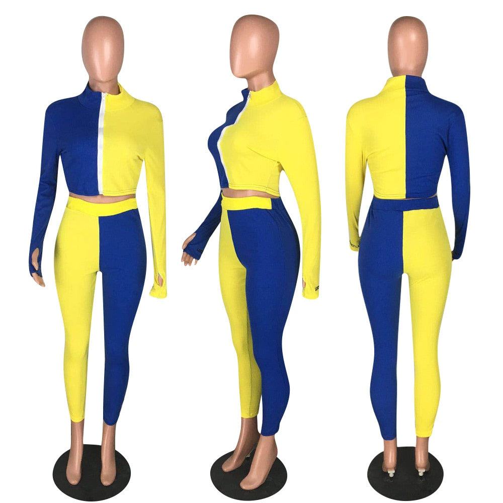 Autumn Ribbing Sports Two Piece Set Color Patchwork Long Sleeve Zipper Crop Top Pants Tracksuit Gym Running Fitness Outdoor Suit | Vimost Shop.