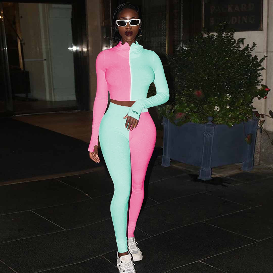 Autumn Ribbing Sports Two Piece Set Color Patchwork Long Sleeve Zipper Crop Top Pants Tracksuit Gym Running Fitness Outdoor Suit | Vimost Shop.