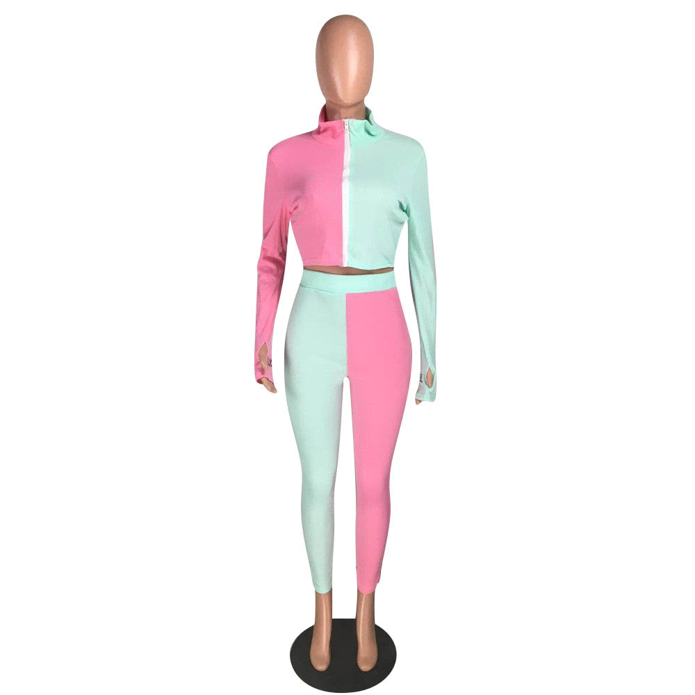 Autumn Ribbing Sports Two Piece Set Color Patchwork Long Sleeve Zipper Crop Top Pants Tracksuit Gym Running Fitness Outdoor Suit | Vimost Shop.