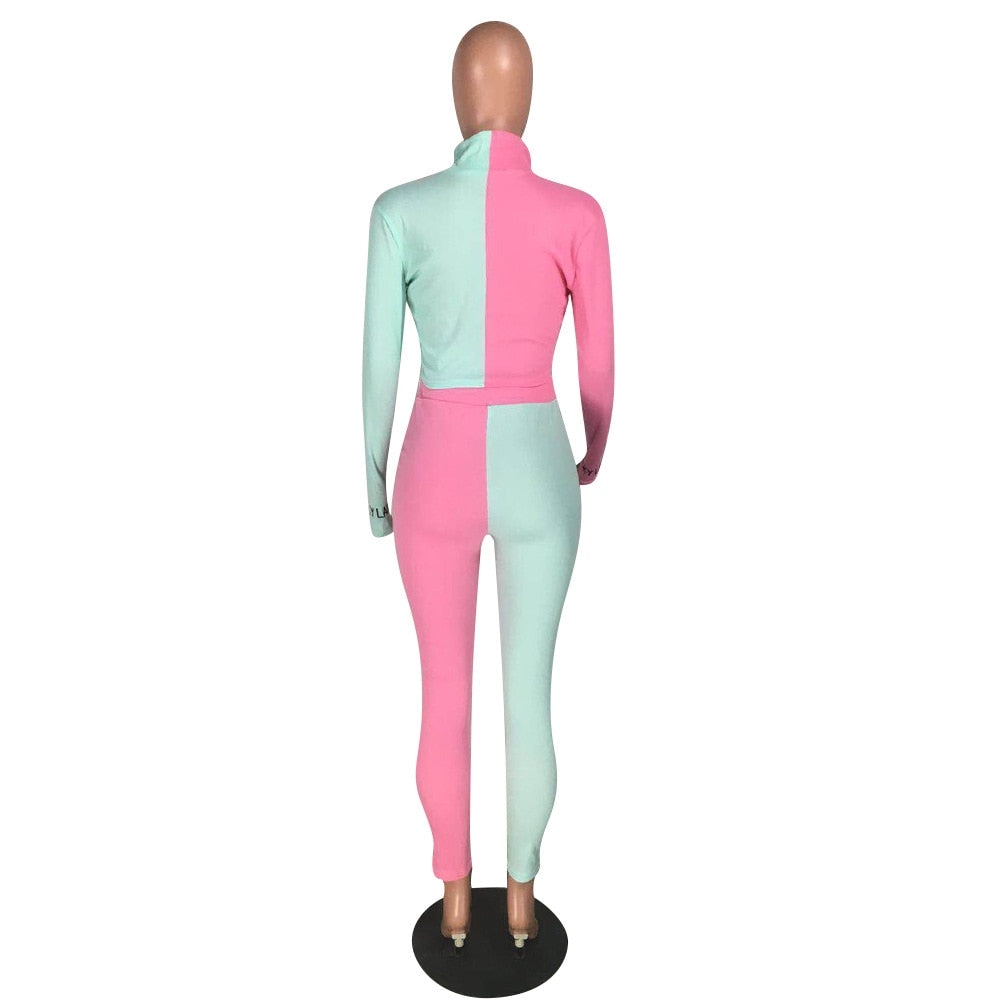 Autumn Ribbing Sports Two Piece Set Color Patchwork Long Sleeve Zipper Crop Top Pants Tracksuit Gym Running Fitness Outdoor Suit | Vimost Shop.