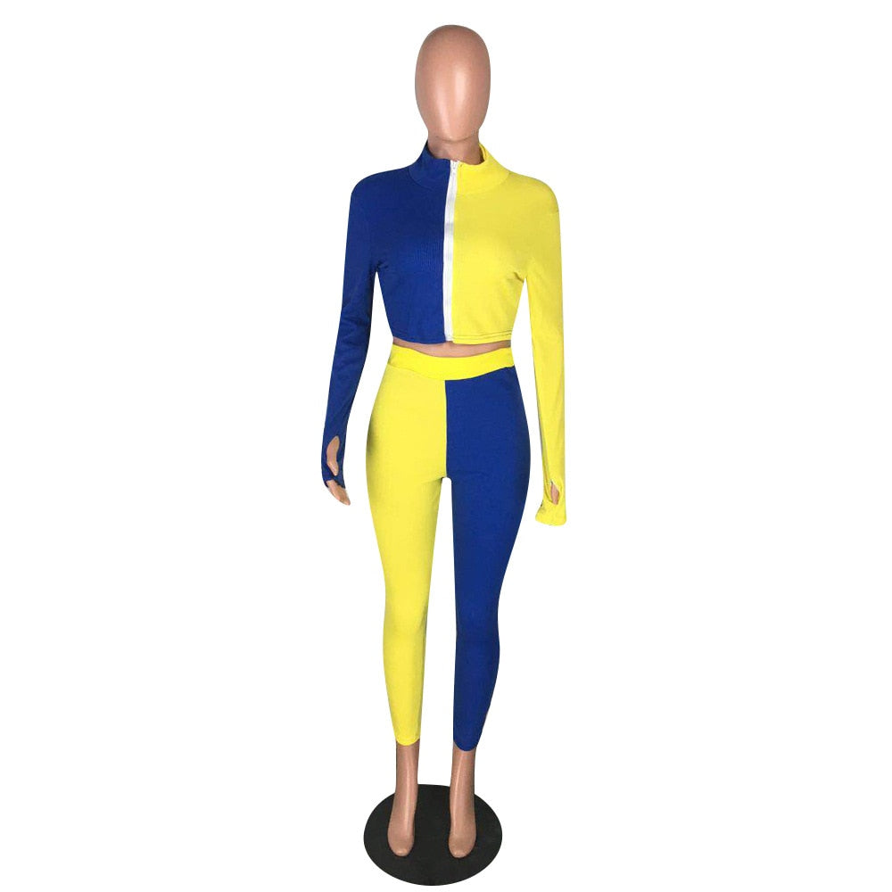 Autumn Ribbing Sports Two Piece Set Color Patchwork Long Sleeve Zipper Crop Top Pants Tracksuit Gym Running Fitness Outdoor Suit | Vimost Shop.
