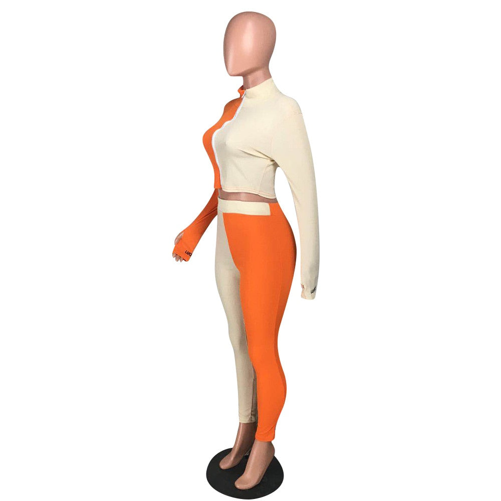 Autumn Ribbing Sports Two Piece Set Color Patchwork Long Sleeve Zipper Crop Top Pants Tracksuit Gym Running Fitness Outdoor Suit | Vimost Shop.