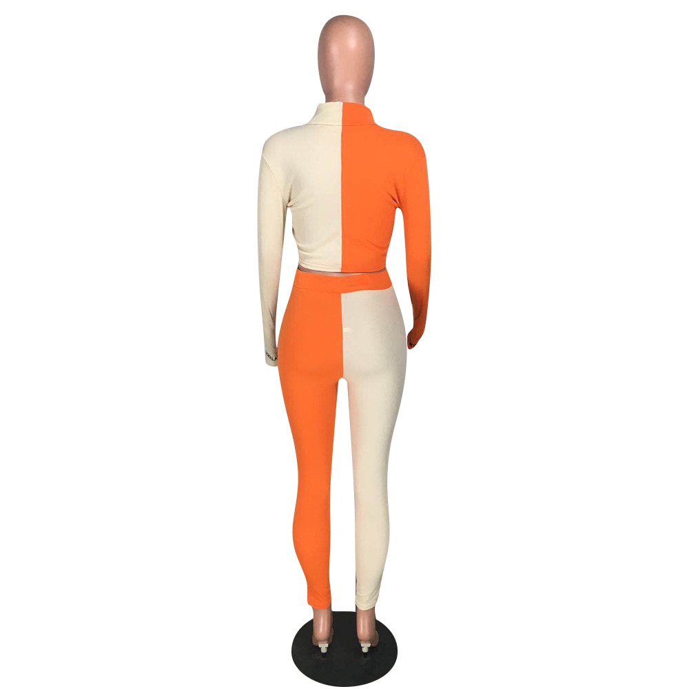 Autumn Ribbing Sports Two Piece Set Color Patchwork Long Sleeve Zipper Crop Top Pants Tracksuit Gym Running Fitness Outdoor Suit | Vimost Shop.