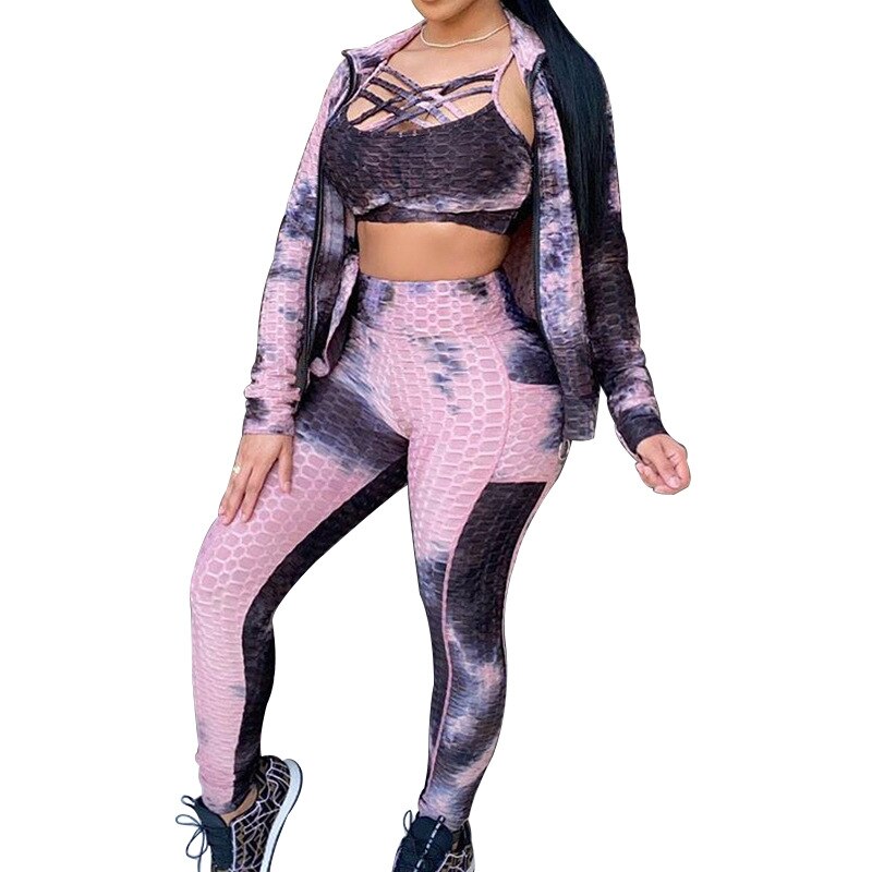 Sportswear 3 PCS Jacquard Yoga Set Women Gym Tracksuit Bra Crop Top Zipper Long Sleeve Jacket And Leggings Workout Sports Suit | Vimost Shop.