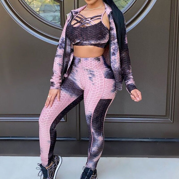 Sportswear 3 PCS Jacquard Yoga Set Women Gym Tracksuit Bra Crop Top Zipper Long Sleeve Jacket And Leggings Workout Sports Suit | Vimost Shop.