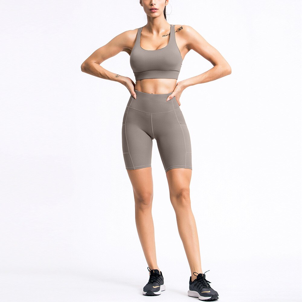 Seamless Yoga Set Gym Sports Tracksuit Bra Crop Top Shorts With Pockets Outfits Fashion Workout Push Up Training Bodycon Suit | Vimost Shop.