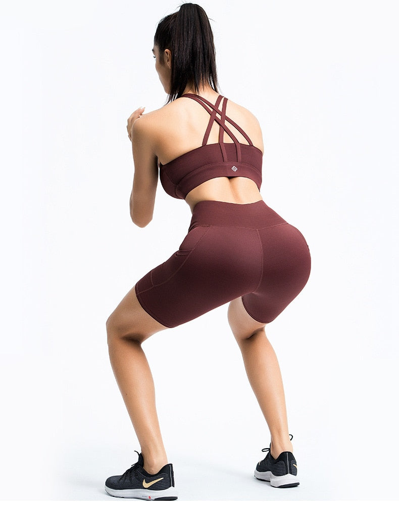 Seamless Yoga Set Gym Sports Tracksuit Bra Crop Top Shorts With Pockets Outfits Fashion Workout Push Up Training Bodycon Suit | Vimost Shop.