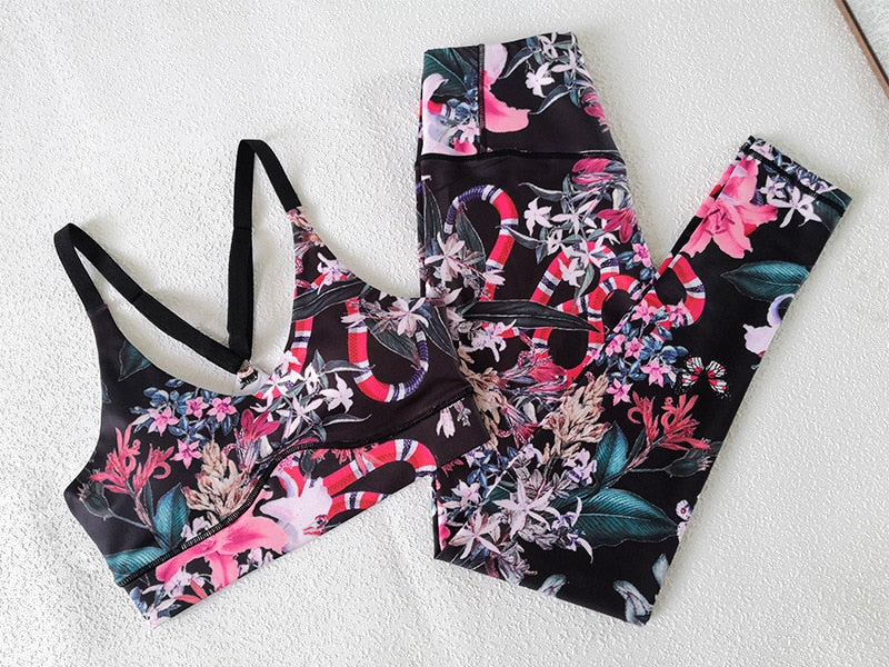 Seamless Floral Print Gym Yoga Set Fashion Fitness Vest Crop Top Leggings Suit Push Up Workout Training Running Slim Clothing | Vimost Shop.