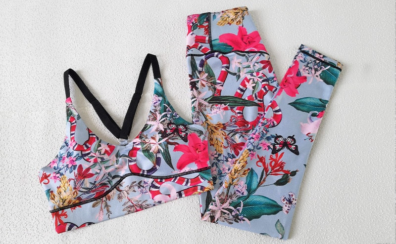 Seamless Floral Print Gym Yoga Set Fashion Fitness Vest Crop Top Leggings Suit Push Up Workout Training Running Slim Clothing | Vimost Shop.