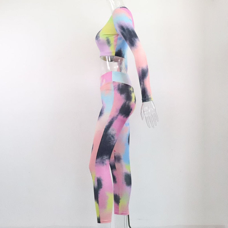 Tie Dye Print Seamless Yoga Gym Ribbed Suit Fashion Long Sleeve Zipper Crop Top Leggings Two Piece Set Fitness Sports Clothing | Vimost Shop.