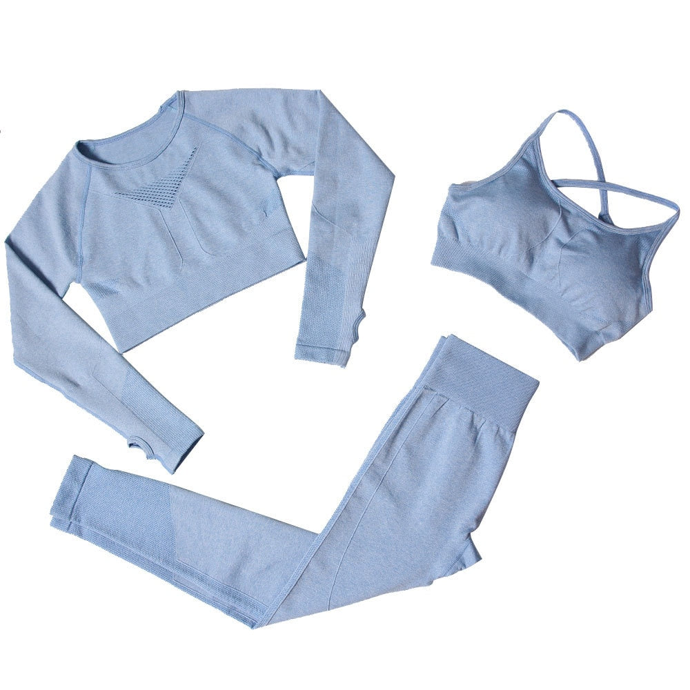 Sportswear Seamless Yoga 3 PCS Set Women Gym Clothes Bra+ Long Sleeve Crop Top High Elastics Pantalones Fitness Tracksuit | Vimost Shop.