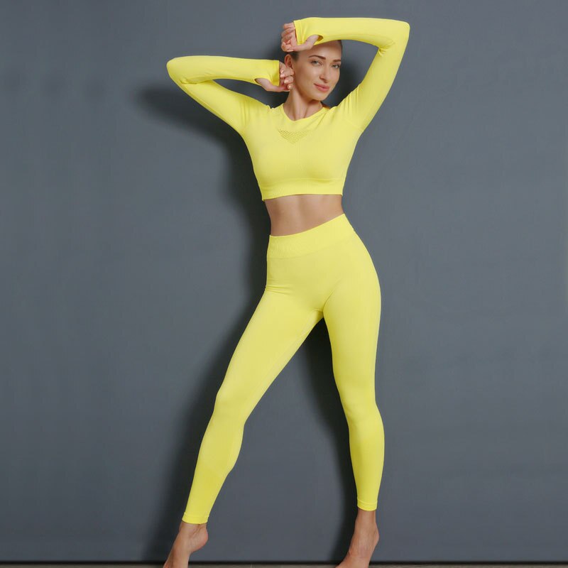 Sportswear Seamless Yoga 3 PCS Set Women Gym Clothes Bra+ Long Sleeve Crop Top High Elastics Pantalones Fitness Tracksuit | Vimost Shop.
