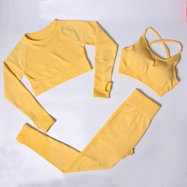 Sportswear Seamless Yoga 3 PCS Set Women Gym Clothes Bra+ Long Sleeve Crop Top High Elastics  Pantalones Fitness Tracksuit | Vimost Shop.