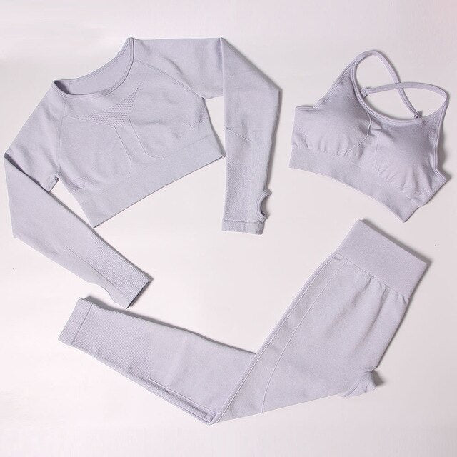 Sportswear Seamless Yoga 3 PCS Set Women Gym Clothes Bra+ Long Sleeve Crop Top High Elastics Pantalones Fitness Tracksuit | Vimost Shop.
