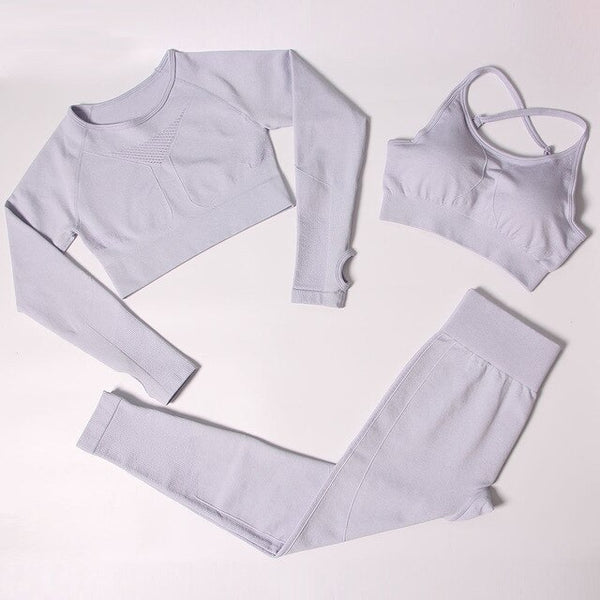 Sportswear Seamless Yoga 3 PCS Set Women Gym Clothes Bra+ Long Sleeve Crop Top High Elastics  Pantalones Fitness Tracksuit | Vimost Shop.