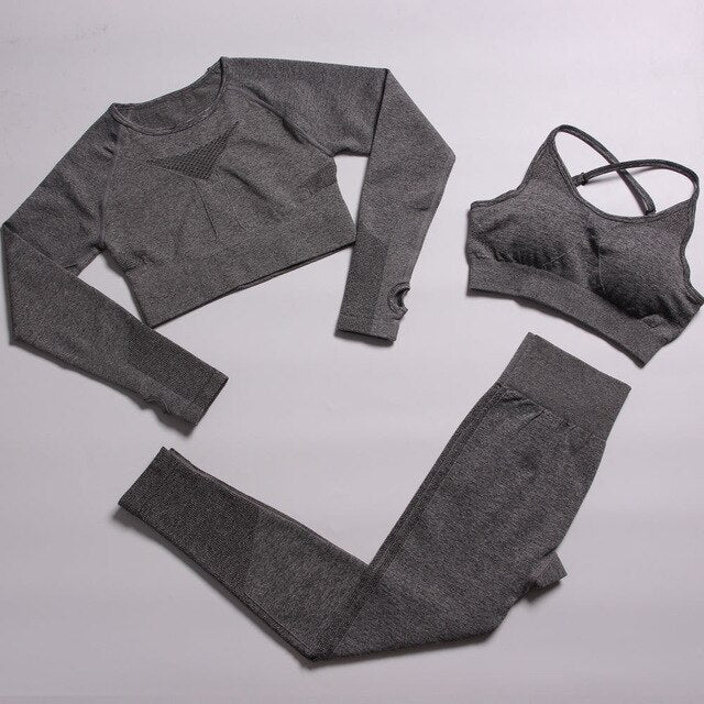 Sportswear Seamless Yoga 3 PCS Set Women Gym Clothes Bra+ Long Sleeve Crop Top High Elastics Pantalones Fitness Tracksuit | Vimost Shop.