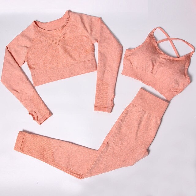Sportswear Seamless Yoga 3 PCS Set Women Gym Clothes Bra+ Long Sleeve Crop Top High Elastics Pantalones Fitness Tracksuit | Vimost Shop.